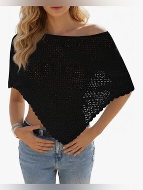 Black Off-Shoulder Crochet Poncho Sweater